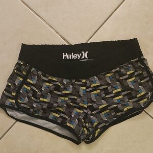 Hurley Women’s Black Athletic Shorts with Yellow & Blue Geometric Pattern